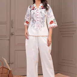 SIDDHANAM Embroidered Pure Cotton Mandarin Collar Top With Trouser Co-Ords-image-31