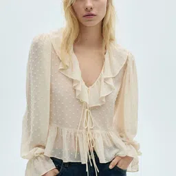 MANGO Tie-Up Neck Dobby Weave Ruffles Top-image-13