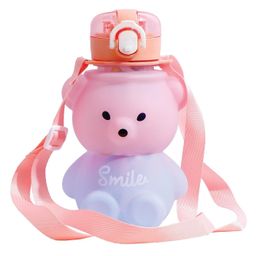 Koochie Koo Plastic Teddy Bear Water Bottle Push Button Open Kids Water Bottle with Straw Sipper Bottle with Adjustable Strap and Stickers Pink - 800 ml-image-6