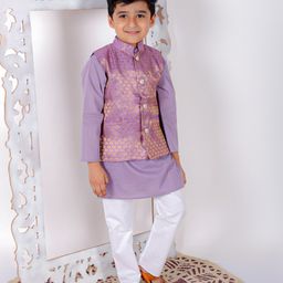 Superminis  Pure Cotton Full Sleeves Solid Kurta Pyjama With Dupion Silk Seamless Scallop Styles Ethnic Motif Designed Jacket - Purple-image-71