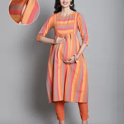 Moms Maternity Three Fourth Sleeves Abstract Striped Sustainable Cotton Maternity Kurta Set With Nursing Access - Orange-picture-15