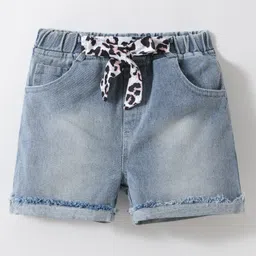 Kookie Kids Mid Thigh Length Washed Denim Shorts with Bow - Blue-picture-4