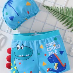 Kookie Kids Swimming Trunk with Cap Dino & Text Print - Blue-image-72