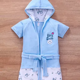 Pink Rabbit Terry Half Sleeves Hooded Bath Robe Big Smile Print - Blue-picture-36