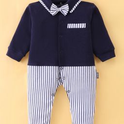 Child World Interlock Knit Full Sleeves Party Striped Romper with Bow - Navy Blue-image-48