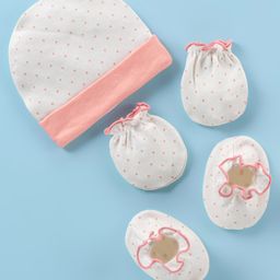 Ben Benny 100% Cotton Knit Cap Mittens & Booties Polka Dots Print White & Light Peach - Diameter 9 cm-picture-13