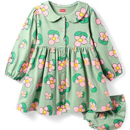 Babyhug Full Sleeves Floral Printed Frock With Peter Pan Collar & Bloomer - Light Green-image-126