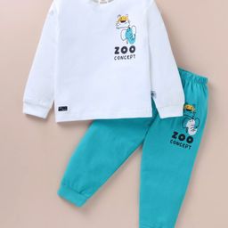 Mini Donuts Cotton Knit Full Sleeves T-Shirt & Lounge Pants Set With Animals Print - White-image-41