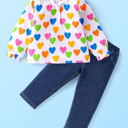 Babyhug Single Jersey Knit Full Peasant Sleeves Heart Printed Top & Denim Jeans Set - Blue & Pink-picture-19