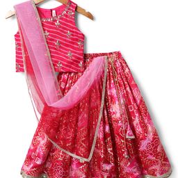 Babyhug Woven Sleeveless Choli Lehenga & Dupatta Set With Floral Embriodery & Lace Detailing - Pink-image-42