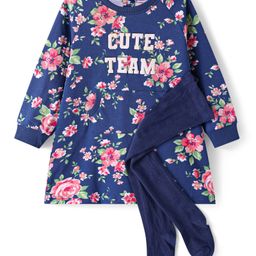 Babyhug Cotton Knit Full Raglan Sleeves Frock With Floral Print & Stockings - Blue-image-91