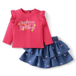 Babyhug Single Jersey Knit Full Sleeves Text Print Top with Frill Detailing and Layered Skirt Set - Navy Blue & Dark Pink-image-46