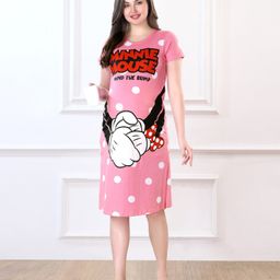 Bella Mama Disney Cotton Knit Half Sleeves Polka Dot Printed Nighty With Minnie Mouse Graphics - Pink-image-4
