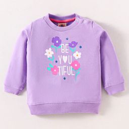 Zero Cotton Knit Full Sleeves Text & Floral Printed T-Shirt - Lilac-image-12