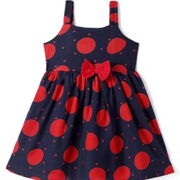 Babyhug Cotton Knit Sleeveless Frocks With Polka Dots Print & Bow Applique - Red & Navy Blue-image-103