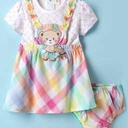 ToffyHouse Cotton Woven Printed & Teddy Bear Embroidered Frock With Bloomer - White-image-81