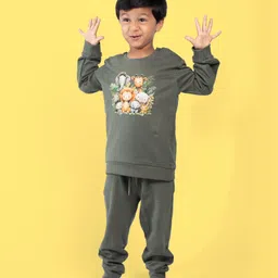 Orange Sugar Cotton Full Sleeves Animals Printed Sweatshirt & Joggers Set - Bottle Green-picture-38