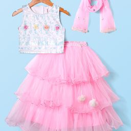 Babyhug Woven Sleeveless Embroidered Choli & Layered Lehenga with Dupatta & Sequin Detailing - Pink-image-7