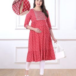 Bella Mama Woven Three Fourth Sleeves Maternity Kurta With Embroidery Yoke & Pocket Floral Print - Pink-image-69