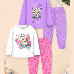 Trampoline Cotton Blend Knit Pack Of 2 Full Sleeves Unicorn & Floral Printed Night Suit Set - Multi Colour-image-55