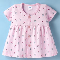 Tango Interlock Knit Half Sleeves Front Open Frock with Floral Print - Pink-image-5