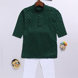 JBN Creation Cotton Blend Full Sleeves Abstract Foil Printed Kurta Pyjama Set - Bottle Green-image-55