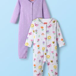 Babyhug 100% Cotton Interlock Knit Full Sleeves Rompers With Polka Dots & Floral Print Pack Of 2 - Purple & White-image-11