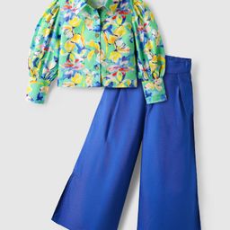 OLLINGTON ST. Cotton Slub Floral Printed Full Sleeves Top & Waffle Pant Set - Multicolor & Blue-image-80