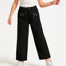 Arias Cotton Woven Full Length Solid Colour Flared Jeans With Bow Applique - Black-image-24