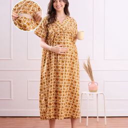 Bella Mama Cotton Woven Half Sleeves Maternity Nursing Nighty with Floral Print - Mustard-picture-1