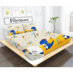 Filymore Dinosaur Elastic Fitted bedsheet for double bed 240 TC made with pure microfiber 1 bedsheet and 2 pillow covers (Size 72x72 inches)fit up to 6 inches mattress(Colour-Ivory and Yellow)-20