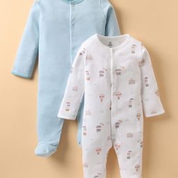 I Bears Interlock knit Full Sleeves Footed Sleepsuit With Stripes & Parachute Print Pack Of 2 - Light Blue & White-image-8