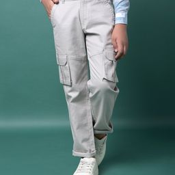 CRIMSOUNE CLUB Cotton Woven Solid Cargo Trousers - Grey-image-110