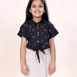 Kiddopanti Woven Half Sleeves Leaves Embroidered Shirt - Black-picture-2
