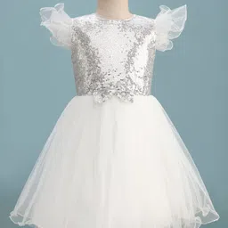 Pine Kids Woven Frill Sleeves Sequinned Flared Party Wear Dress With Bow Applique - White-picture-26