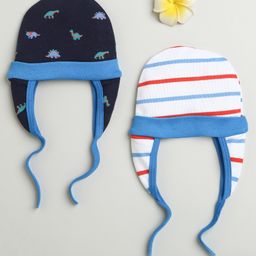 BUMZEE Cotton Knit Ear Flap Cap with Knot Dino & Striped Print Pack of 2 White & Navy Blue - Diameter 12 cm-picture-7