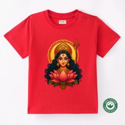 BLUSHES 100% Cotton Knit Durga Puja Theme Half Sleeves Goddess Durga Maa Printed Tee - Red-picture-34