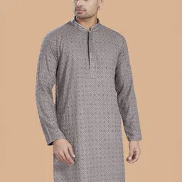DIVISIVE Geometric Embroidered Thread Work Mandarin Collar Cotton Slim Fit Kurta-picture-23