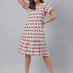KALINI Pure Cotton Ikkat Printed A-Line Dress-image-85