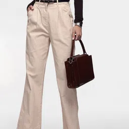 French Connection Women Textured Smart Wide Leg Pleated Semiformal Trousers-image-44