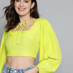 Mast & Harbour Tie-Up Neck Puff Sleeve Bardot Crop Top-image-7