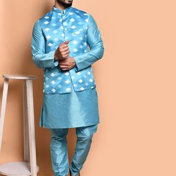 PRINTINDIA Mandarin Collar Pure Silk Straight Kurta with Trousers-image-71