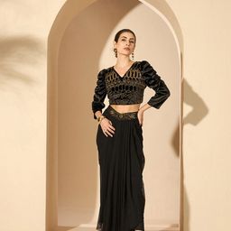 Antheaa Velvet Embellished V-Neck Top with Skirt-picture-49