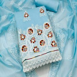 Peachmode Floral Embroidered Thread Work Chanderi Cotton Unstitched Dress Material-image-58