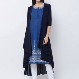 Vishudh Women Blue Printed Straight Kurta with Shrug-picture-1