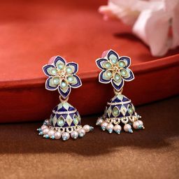 Yellow Chimes Gold-Plated Dome Shaped Artificial Stones and Beads Jhumkas Earrings-32