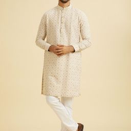 Manyavar Geometric Woven Design Mandarin Collar Linen Straight Kurta-picture-52