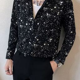 KPOP Men Original Regular Fit Geometric Printed Spread Collar Cotton Casual Shirt-image-19