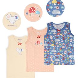 Mi Arcus Baby Girl Cotton Sleeveless Mushroom Print Vests Pack of 3 Peach & Blue-image-17