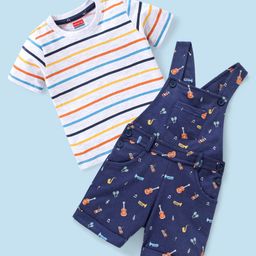 Babyhug Cotton Knit Guitar Printed Dungaree with Half Sleeves Striped T-Shirt Set - Blue & White-image-92